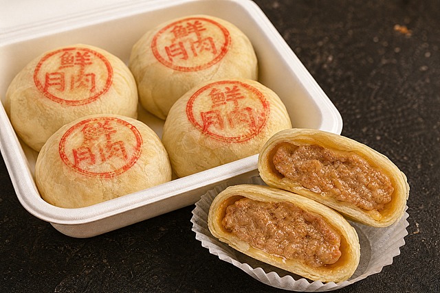 基于参考图优化，去除拿着月饼的手，将掰开的两块鲜肉月饼自然摆放在白色纸托盒旁，突出酥皮的细腻层次和饱满的鲜肉内馅，肉汁丰盈有光泽，红色印章清晰，整体暖调美食摄影，光线柔和，干净有食欲，保留背景的完整月饼