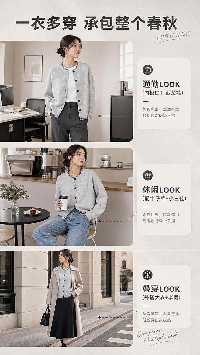 [商品] 使用【图1】浅灰色圆领针织开衫；商品处理：保留圆领、单排黑色纽扣、贝壳绣撞色领边/下摆/袖口、落肩长袖、宽松廓形、浅灰色针织面料和整体版型；自然去除衣身杂乱褶皱，理顺垂坠，增强针织纹理、缝线和纽扣质感，不改变版型、颜色和结构。
[画面] 目标：搭配灵感页，展示3套日常穿搭组合。构图：竖排3层穿搭造型，每层为亚洲女模特穿着开衫的不同搭配全身/半身照；产品占画面60%；阅读动线从上到下；每层背景为不同浅色调场景（通勤办公室、周末咖啡馆、户外街景），整体色调统一暖灰系。
[视觉] 套系策略：风格=韩系轻熟通勤高级商业摄影；标题字=现代简约无衬线粗体；正文字=纤细无衬线体；主色=浅灰米杏；背景延展=基于浅灰与米杏做深浅层级、同色渐变和细腻织物/纸张质感；强调色=深炭灰，仅用于小面积图标、引线和标签；标题色=深炭灰；正文色=中暖灰；组件=圆角浅底信息卡、细线引线、手写英文装饰；光影=自然暖光，每套搭配光线统一。
[文字] 顶部主标题"一衣多穿 承包整个春秋"，每层右侧小标签分别标注：通勤LOOK（内搭白T+西装裤）、休闲LOOK（配牛仔裤+小白鞋）、叠穿LOOK（外搭大衣+半裙）；英文小字"OUTFIT IDEAS"作装饰。
[规格] 图片比例9:16竖版，4K，避免变形、错字、文字过小、冷蓝背景、衣服颜色改变、版型失真、极限词。