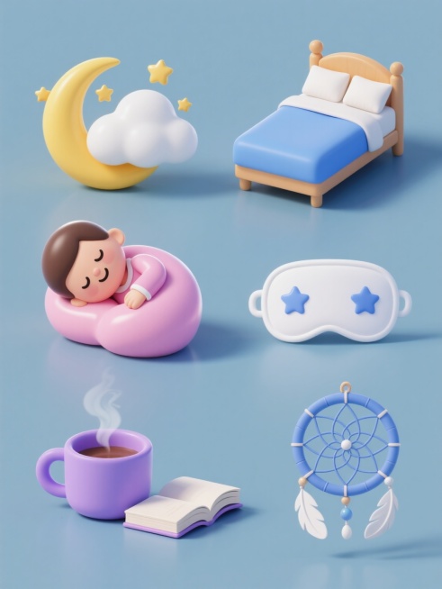 一组6个睡眠主题的3D图标集合，每个图标独立且内容完全不同，均采用圆润光滑的3D建模风格，高饱和度的柔和色彩，表面有细腻的光泽感和轻微的渐变过渡，统一的纯色背景。第一个图标是黄色弯月旁边依偎着蓬松的白色云朵，周围点缀几颗金色小星星；第二个图标是一张铺着蓝色床单的舒适单人床，床头有两个白色枕头，被子一角自然垂下；第三个图标是一个蜷缩成胎儿姿势熟睡的卡通人物，穿着粉色睡衣，面带微笑；第四个图标是一……预览效果