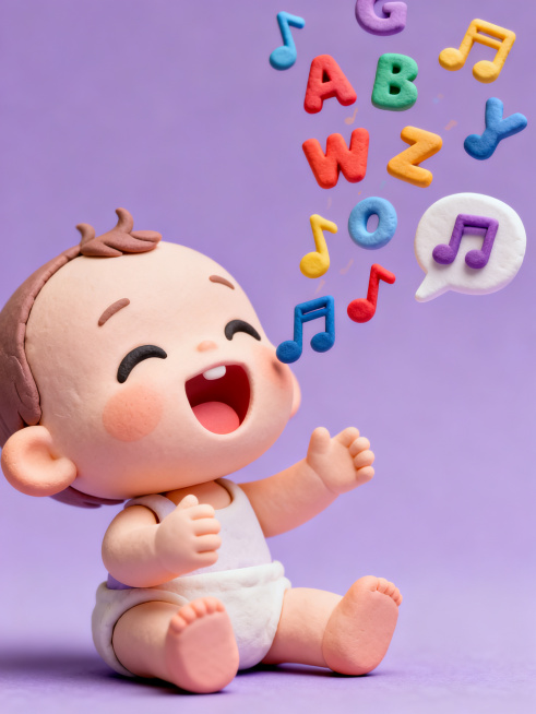 A happy chibi baby with mouth open as if talking or singing, colorful 3D floating alphabet letters a预览效果