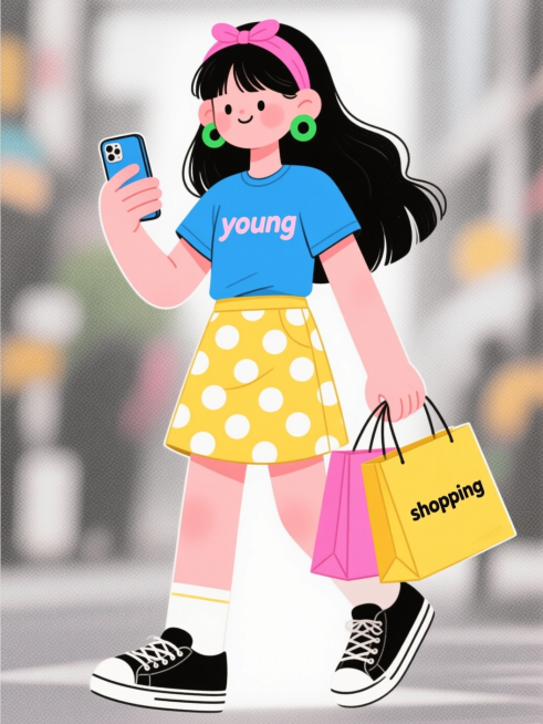 色彩明亮活泼，描绘一位留着黑色长发的年轻女孩：头戴粉色发带，佩戴绿色圆形耳环，身穿印着 “young” 字样的蓝色短袖 T 恤、黄白波点短裙，脚踩黑色运动鞋；她一只手拿着智能手机，另一只手拎着两个购物预览效果