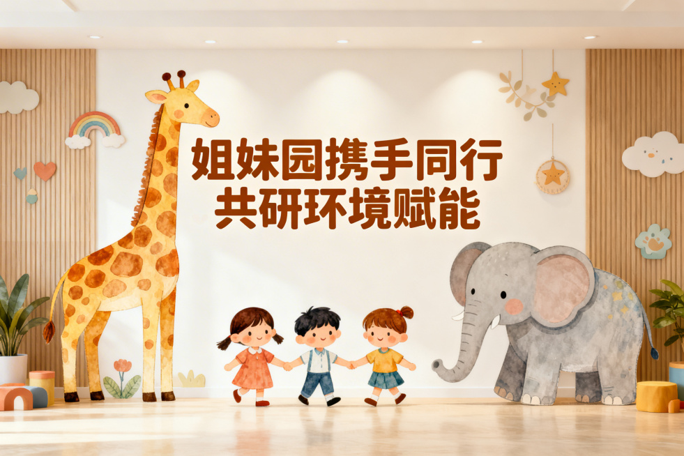 横版幼儿园环境创设主题海报，整体风格高级活泼温馨，色彩和谐柔和，中间位置醒目突出文字“姐妹园携手同行共研环境赋能”，画面包含卡通手绘长颈鹿和大象，还有手拉手的小朋友，背景简约高级，点缀童趣装饰，整体氛预览效果