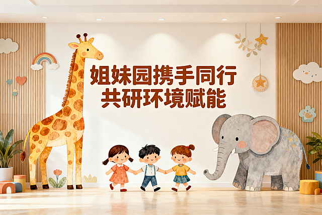 横版幼儿园环境创设主题海报，整体风格高级活泼温馨，色彩和谐柔和，中间位置醒目突出文字“姐妹园携手同行共研环境赋能”，画面包含卡通手绘长颈鹿和大象，还有手拉手的小朋友，背景简约高级，点缀童趣装饰，整体氛围温暖有活力，符合幼儿园童真风格