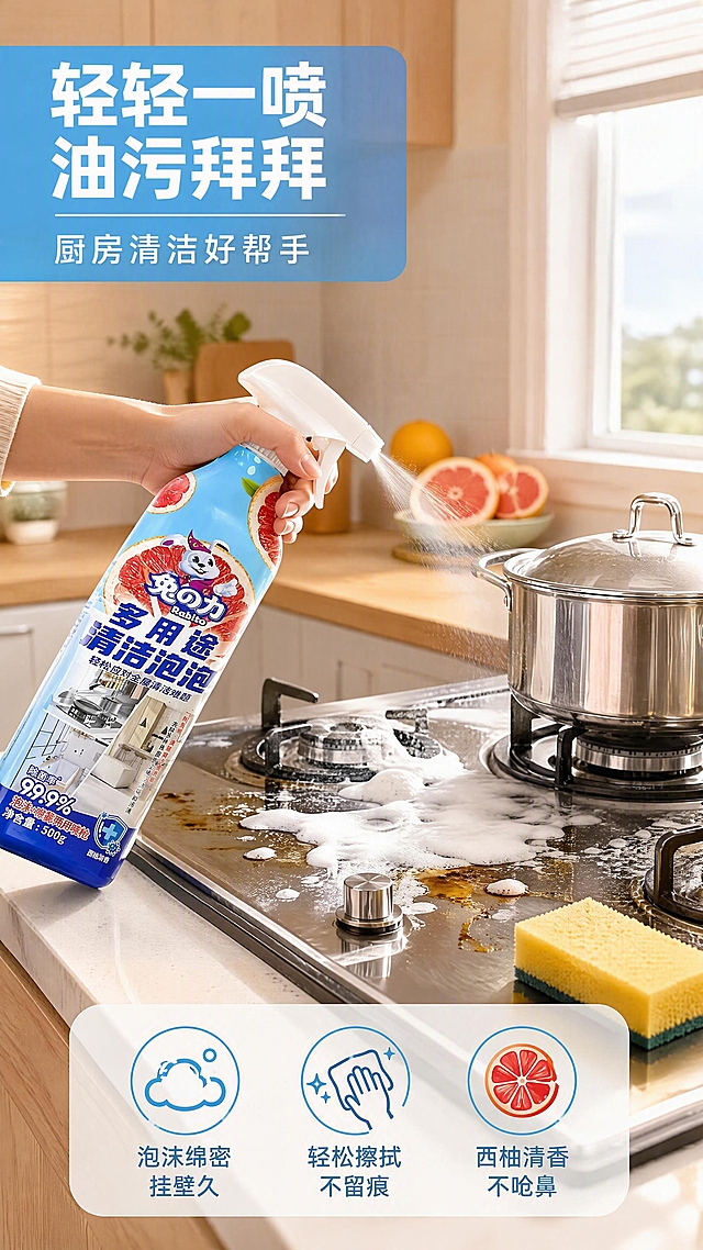 [第3张] 详情页真人使用页-兔之力多用途清洁泡泡厨房场景手部操作演示。本张使用【图1】作为商品主体，保持产品瓶身结构、颜色与原图一致。
[氛围/风格] 真实居家生活感，温馨厨房场景，真人手部操作，自然亲切，商业摄影质感。
[元素布局] 画面为现代简约厨房场景，一位女性的手（仅露出手臂和手部，亚洲肤色）正握着清洁泡泡瓶，向灶台油污处喷洒白色泡沫；灶台上有不锈钢锅具和少量油污，旁边放着清洁海绵；产品瓶身清晰可见，位于画面中左部；背景有浅色橱柜和西柚装饰摆件。
[光影质感] 厨房自然光从右侧窗户照入，柔和温暖，瓶身和泡沫有自然高光，整体明亮温馨，充满生活气息。
[配色色系] 全局底色暖白 #FFF8F0 + 浅木色橱柜；主色天蓝 #4FC3F7、西柚红 #FF7043；辅助色白色泡沫、不锈钢银色、木色。
[视角构图] 中景侧面视角，手部动作为视觉焦点，阅读动线顶部标题 → 中部操作场景 → 底部卖点说明。
[文字版式] 左上角主标题「轻轻一喷 油污拜拜」，副标题「厨房清洁好帮手」，白色字配半透明蓝色底；右下角三个小图标+文字：「泡沫绵密挂壁久」「轻松擦拭不留痕」「西柚清香不呛鼻」；文字位置避开人物手部和产品主体。
[比例分辨率] 9:16 竖版比例，4K 分辨率，文字清晰可辨，高清画质。
[负向提示词] 产品变形，包装文字错乱，人物面部出现，颜色偏差，水印，文字过小，场景杂乱。