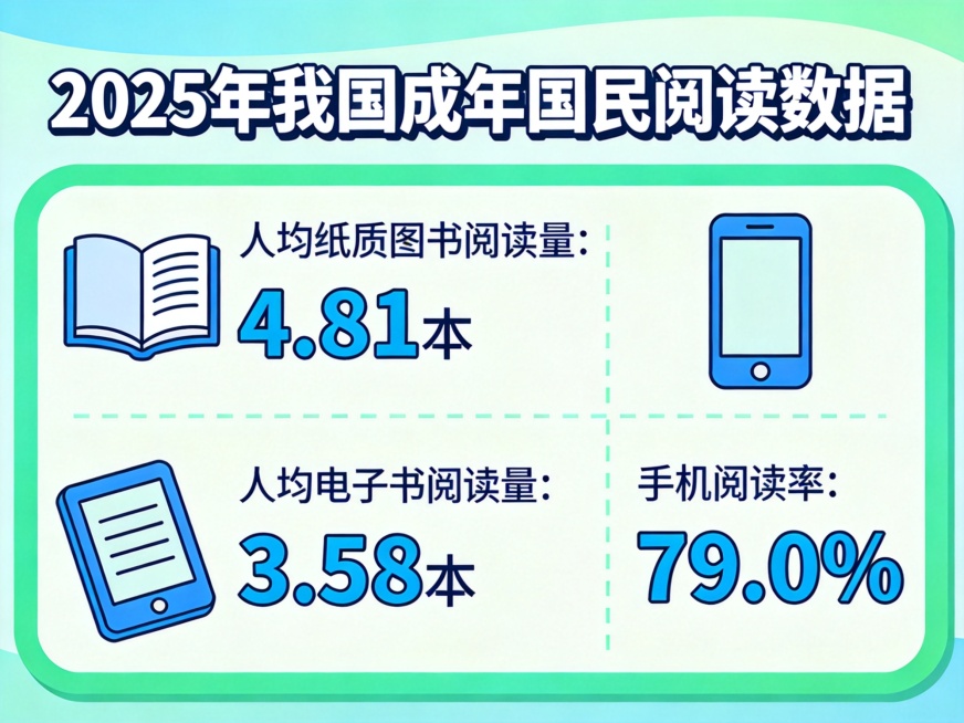 阅读主题宣传图，展示数据：2025年我国成年国民人均纸质图书阅读量只有 4.81本，人均电子书 3.58本。与此同时，手机阅读率高达 79.0%。整体为动画风格预览效果