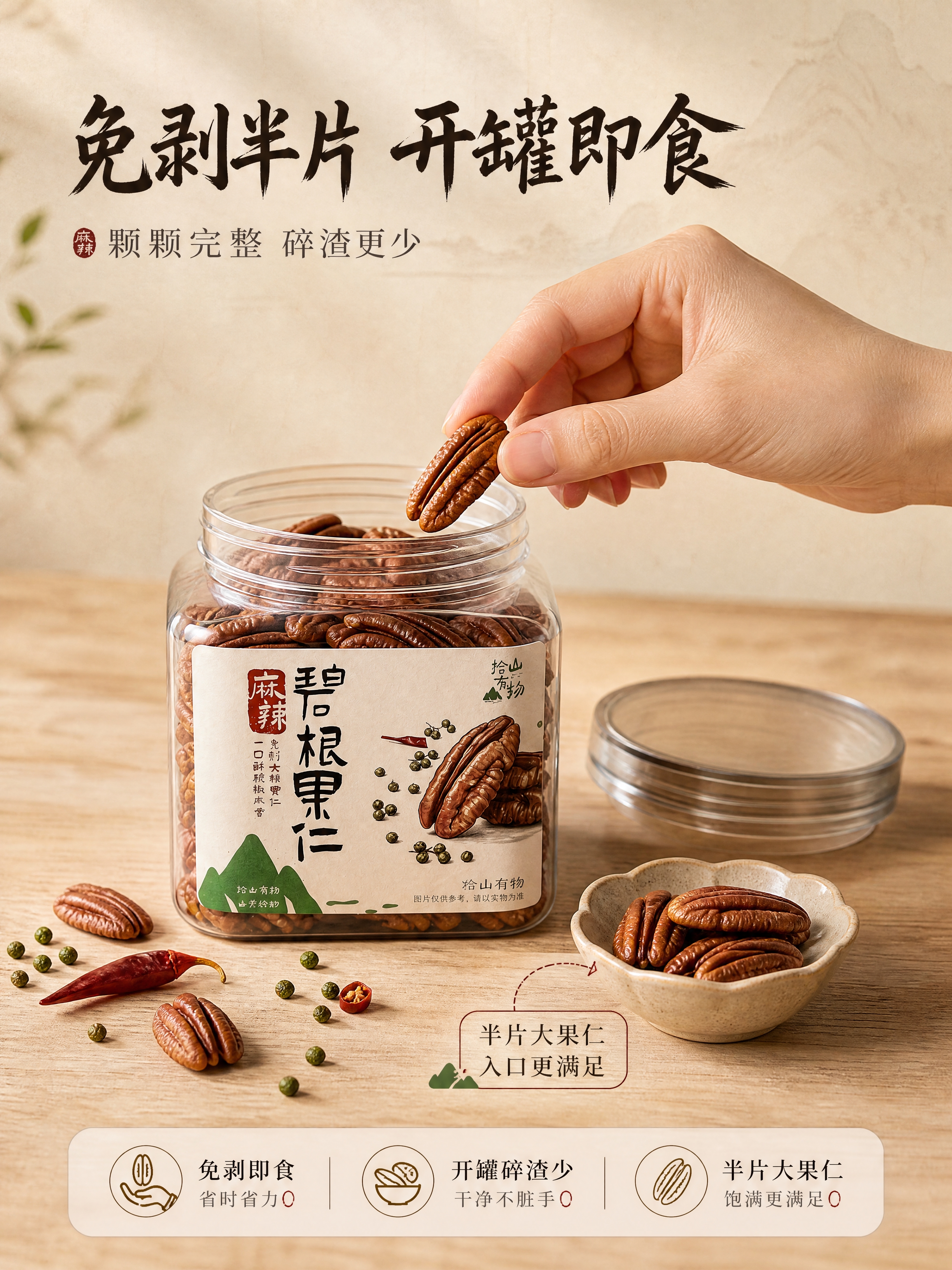 [商品] 使用【图1】拾山有物麻辣碧根果仁透明方罐；保留罐体、… - 图片创意预览