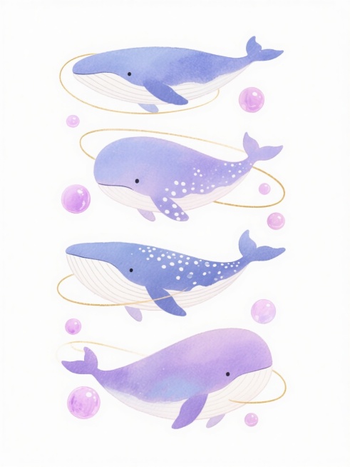 水彩风格插画，四只不同品种、外观各异的鲸鱼，整体呈柔和渐变的蓝紫色调，身体带有白色腹部和细腻的白色斑点纹理，圆润流畅的形态，搭配环绕鲸鱼的金色细线条和大小不一的粉紫色半透明球体，所有元素在纯白色背景上整齐排列，保持轻盈梦幻的氛围，柔和的光影过渡，细腻的水彩晕染质感，画面简洁明快，充满童真与奇幻色彩。预览效果
