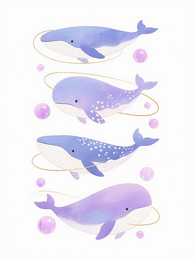 水彩风格插画，四只不同品种、外观各异的鲸鱼，整体呈柔和渐变的蓝紫色调，身体带有白色腹部和细腻的白色斑点纹理，圆润流畅的形态，搭配环绕鲸鱼的金色细线条和大小不一的粉紫色半透明球体，所有元素在纯白色背景上整齐排列，保持轻盈梦幻的氛围，柔和的光影过渡，细腻的水彩晕染质感，画面简洁明快，充满童真与奇幻色彩。