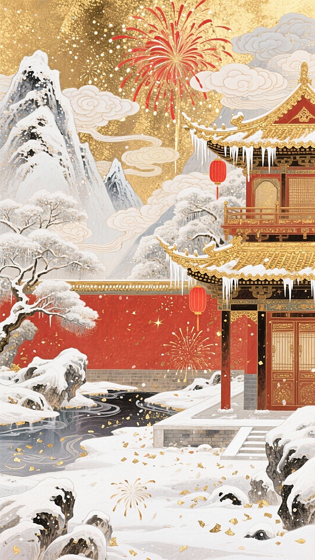 鎏金底色铺朱红烟花，层叠祥云缠雪覆苍山与冰封溪涧间的红墙金瓦楼阁，国风大场景，暖金银白交织，星光点缀，檐角冰棱垂挂红灯笼，雪地落满烟花碎屑如碎金。