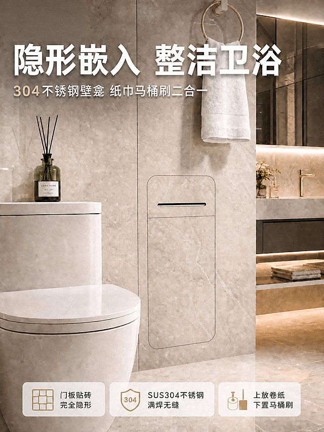 修改这张主图：嵌入式壁龛上下两个门板的黑色边框厚度改为1.5毫米极细边框，线条纤细精致，哑光黑色质感，沿R50圆角和中间分界线均匀分布；其余场景（马桶、毛巾、香薰、浴室柜、文案排版、细长取纸孔、上下门板比例）全部保持不变，光影和质感一致。
