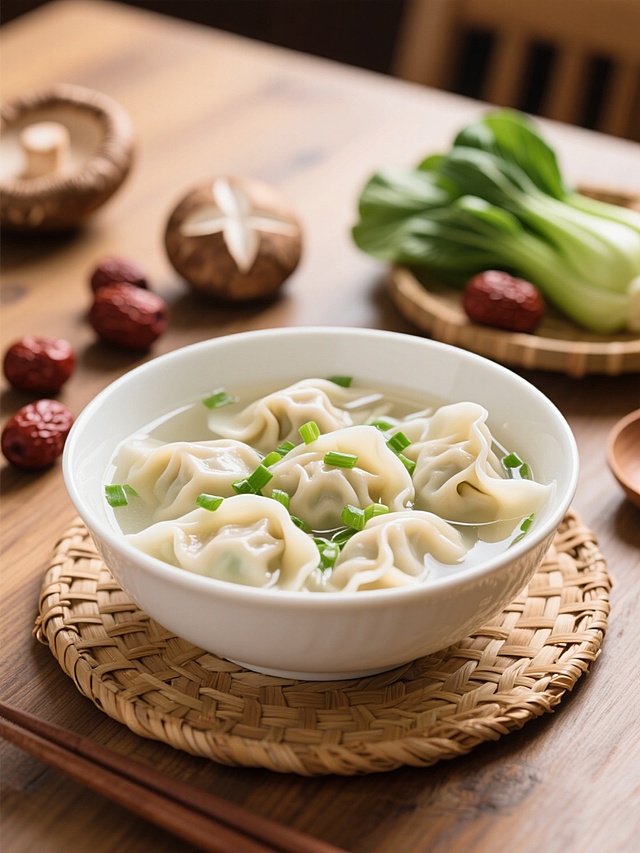 一碗盛在白色瓷碗中的馄饨，馄饨皮薄馅大，漂浮在清澈的汤中，汤面上撒着翠绿的葱花。碗放在竹编餐垫上，周围摆放着新鲜的香菇、嫩绿的油菜和几颗饱满的红枣，背景是木质餐桌，整体色调温暖，光线柔和，营造出温馨家常的氛围，具有高清写实的摄影质感。
