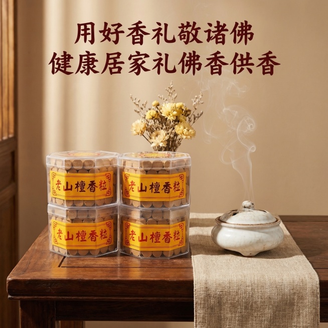 老山檀香粒居家桌面宣传图，四盒透明六边形包装的老山檀香粒摆放在中式深色木质桌面上，旁边搭配古朴的白瓷小香炉、几缕袅袅升起的淡白色香烟、素米色棉麻桌旗，背景是柔和的暖米色墙面，搭配一小束干的浅黄佛供花，预览效果