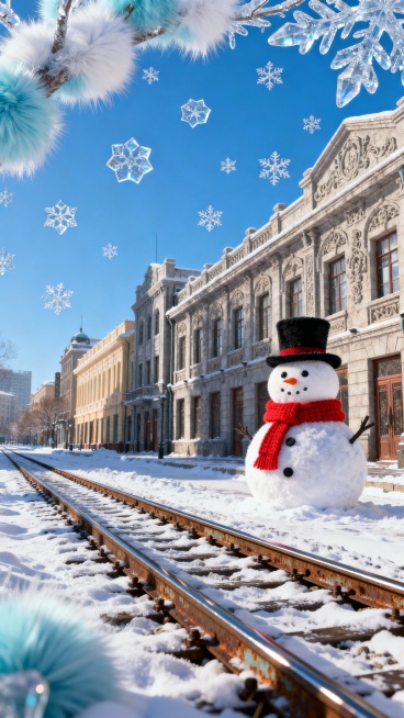 哈尔滨中央大街欧式建筑群落，地面延伸出积雪铁轨、雪人。天空湛蓝，飘雪花，边缘点缀冰雕树枝。预览效果