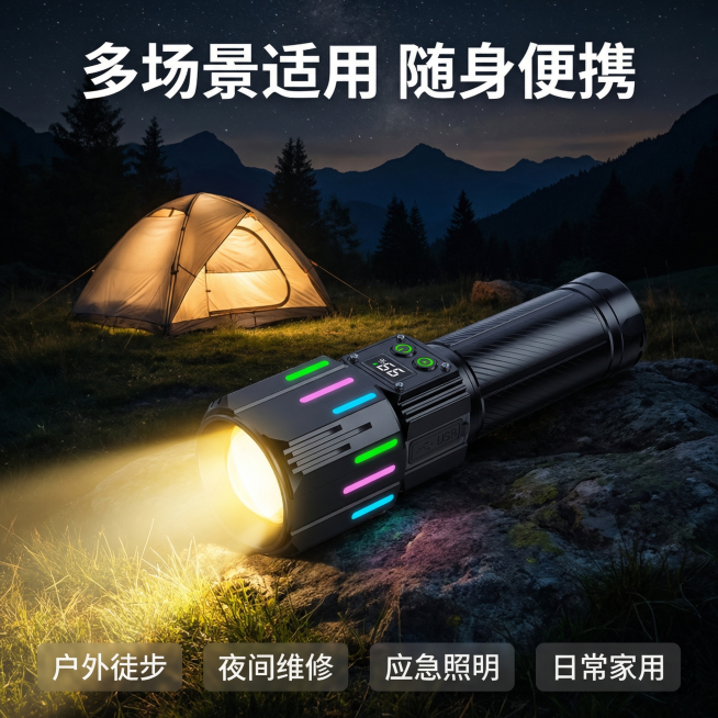 [主图 4] 多场景使用展示图
[氛围/风格] 真实户外场景感，实用有氛围感
[画面元素] 手电筒原图保持外观不变，作为主体放置在画面中心，背景融入夜晚户外露营场景，远处有帐篷和山林，手电筒打开发出明预览效果
