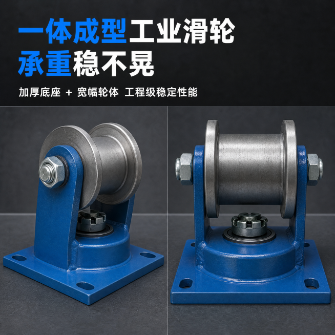1:1 竖版电商主图，严格还原上传的重型轨道导向轮产品图，包括蓝色底座、金属轮体、安装孔、轴承结构等所有细节，产品尺寸遵循行业通用重型轨道导向轮标准；采用多角度组合实拍，左侧展示产品侧面轮廓，右侧展示预览效果
