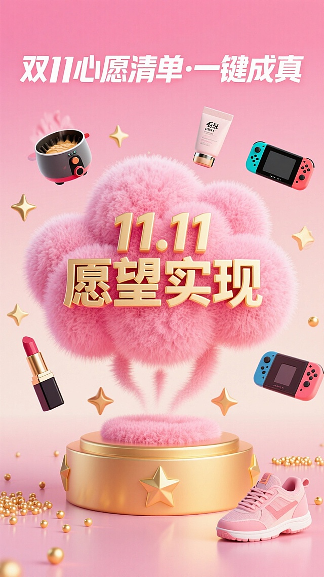 粉色毛绒云朵托起金色“11.11愿望实现”字样，搭配3D立体产品悬浮环绕，鎏金星点点缀，软3D风营造梦幻甜蜜氛围，时尚潮流感十足，双11节日主题鲜明。
