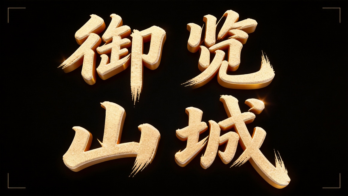 干净的纯黑色背景，3D艺术字体设计，主体文字“御览山城”，所有文字单行横向排列，书法手写体，采用粗毛笔笔触书写，笔画极粗重，末端自然散开，曲直混搭，字体带有质感颗粒感，整体端正大气，色彩为米金色立体材预览效果