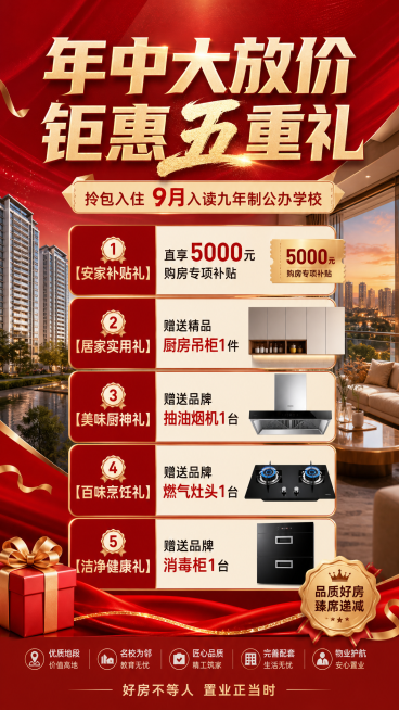 制作一张9:16竖版地产促销海报，主标题为"年中大放价 钜惠五重礼"，副标题为"拎包入住 9月入读九年制公办学校"。促销内容包含五重礼：【安家补贴礼】直享5000元购房专项补贴；【居家实用礼】赠送精品预览效果