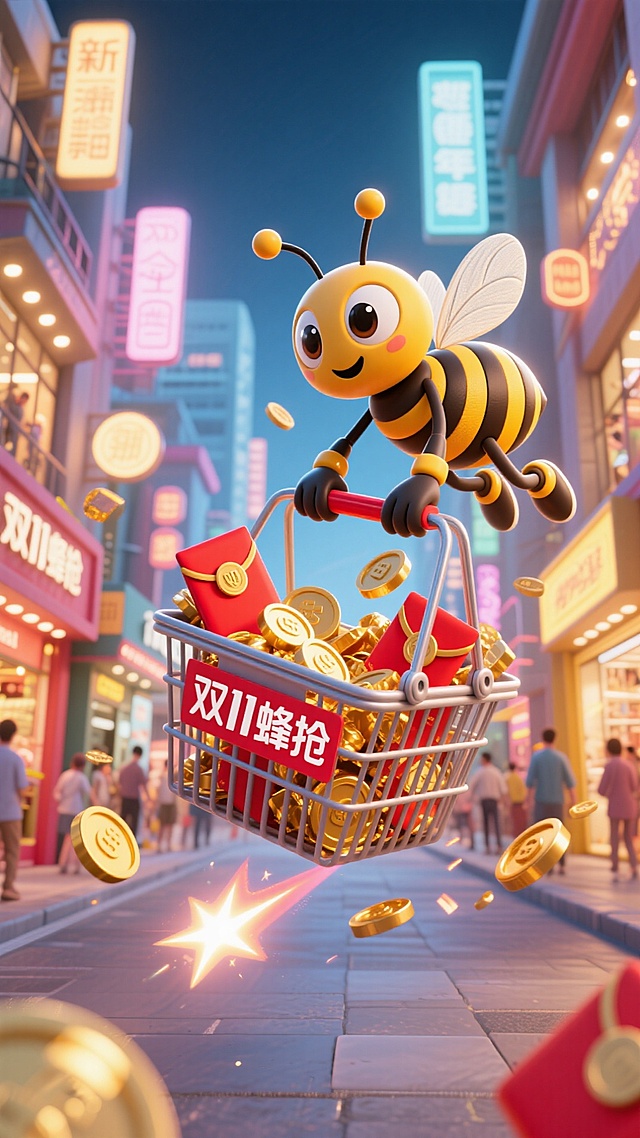 中心是一只拟人化的蜜蜂，它拿着购物篮在空中飞，购物篮里有金币、红包，有一些已经溢出来了，购物篮上面写着“双11蜂抢”。在商场街道上，两边是店铺