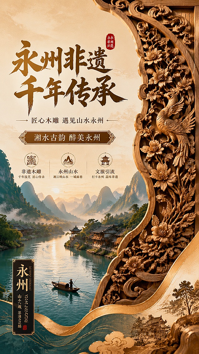 我需要制作一张永州传统非遗文化海报，融入永州代表性非遗视觉元素木雕花纹
海报需要搭配主宣传标语+文旅辅助文案 字体搭配国风设计，主题要明确，海报具有创意及美感
融合永州山水、湘江、古村落地域背景，国风唯美视觉风格；海报要高级有质感，画面层次分明，主视觉突出非遗，兼顾旅游引流宣传功能。
禁止内容：篡改非遗文化内涵、低俗配色、堆砌杂乱元素、直接使用网图拼接。
尺寸比例：竖版9:16，分辨率1080×1920px，RGB屏幕色彩模式，72dpi
文件规范：输出JPG/PNG格式，单文件大小≤8MB，无平台水印、无第三方logo