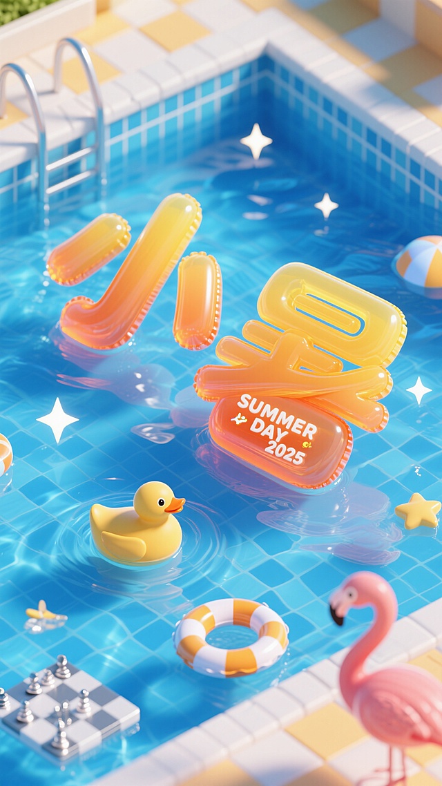 清新软3D风，泳池中漂浮着“SUMMER DAY 2025”气垫，色彩明亮，充满夏日欢乐氛围。