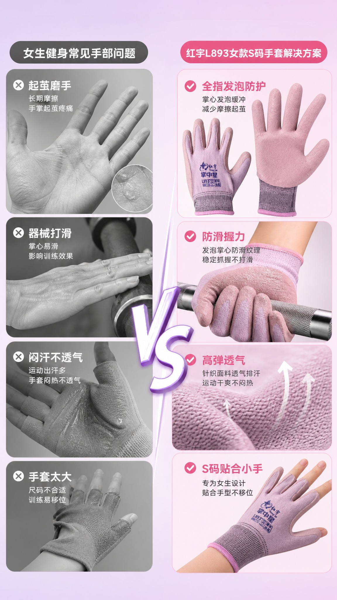 红宇掌中星L893女款S码健身手套痛点对比图，左右分屏布局。左… - 图片创意预览