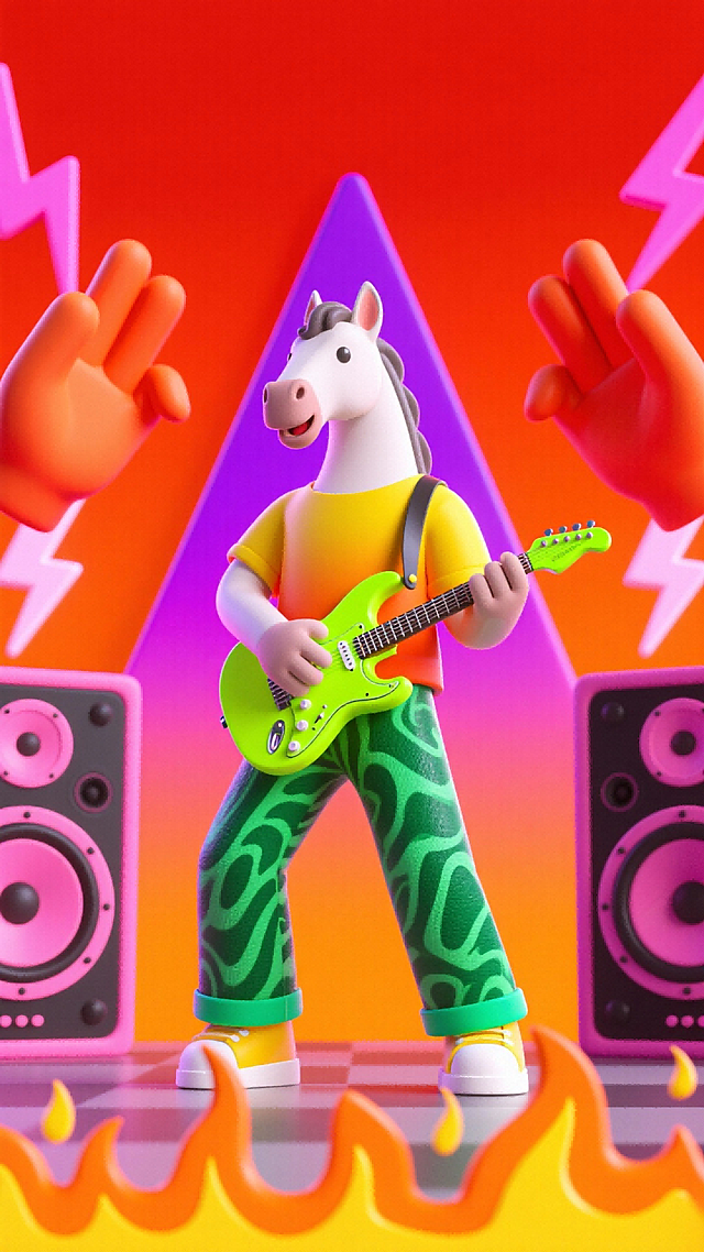 主体是拟人化的马形表演者（黄橙渐变上衣、绿纹长裤），手持荧光绿电吉他呈演奏姿态。背景为高饱和橙红渐变底，搭配粉紫几何尖形装饰、橙色立体手掌造型，两侧设红粉渐变双喇叭音响（带闪电标识），底部点缀橙黄火焰元素。