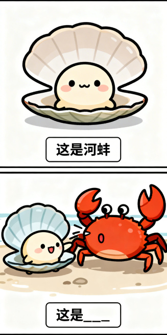日系搞笑纵向双格漫画，上半格：Q版可爱的河蚌，极简背景，底部白色矩形框黑字写“这是河蚌”；下半格：河蚌、泽蟹强行组合在一起，呈现荒谬互动，底部白色矩形框黑字写“这是____”，线条清晰色彩鲜明，无其他预览效果