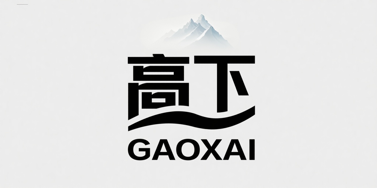 横屏logo，'高下'二字，融合厚重感与简约线条，'高'字顶部山峰棱角切割，'下'字底部山谷弧度，下方大写'GAOXAI'锐利无衬线体，整体黑白色调，体现高山沉稳感预览效果