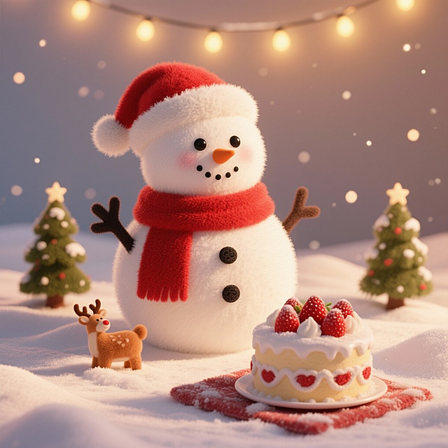 主体：毛绒雪人（白绒面料填棉，红绒围巾、黑绒纽扣，头顶毛绒圣诞帽）；点缀：毛绒雪地场景（浅白长绒铺地，模拟积雪），周围立 2 个迷你毛绒圣诞树、1 个小毛绒驯鹿；甜品：1 块毛绒圣诞蛋糕（表层是白绒奶油质感，缀毛绒草莓、毛绒糖霜花纹），摆雪人脚边毛绒餐垫上；场景：暖黄侧光勾勒雪人绒面轮廓，星光灯点缀背景，整体软糯治愈