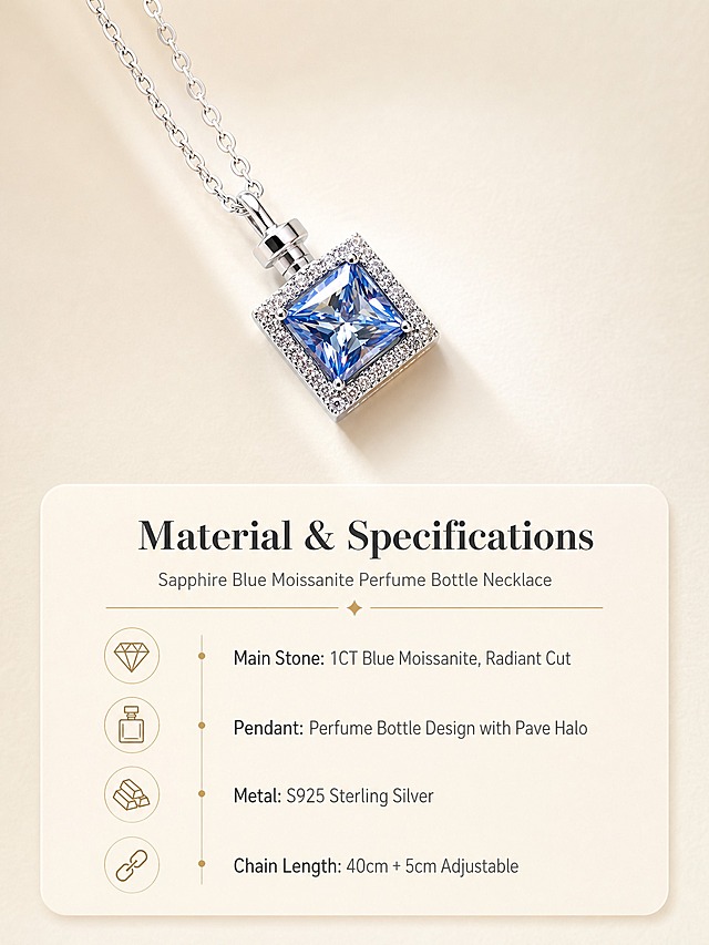 [商品] 使用【图1】S925纯银宝蓝色香水瓶莫桑钻项链；保留单颗方形雷迪恩切割宝蓝色主莫桑石（1CT）、香水瓶造型吊坠、围镶碎钻、S925纯银细链条、四爪镶嵌、链节形态和整体银色金属质感；增强蓝莫桑钻火彩与雷迪恩切面闪耀感，提升围镶碎钻的通透亮度，增强金属表面洁净度与光泽，清除灰尘和指纹，保持商品结构与比例完全一致，蓝钻颜色保持原图宝蓝色调。
[画面] 页面目标：宝蓝色香水瓶雷迪恩莫桑钻项链材质与尺寸说明页，与粉钻银杏叶款保持完全一致的背景和排版风格。上图下文竖版布局，上方产品特写占画面55%，香水瓶吊坠居中偏上放置，突出宝蓝色主石与香水瓶造型的精致闪耀细节，背景为浅米色渐变（与银杏叶款完全相同的米白金背景）；下方圆角信息卡占40%，包含材质、主石切工、吊坠设计、链长四大核心参数，左侧配圆形图标，右侧引线标注，与银杏叶款排版完全一致。
[视觉] 套系策略：风格=跨境轻奢极简珠宝商业摄影（与粉钻银杏叶款完全同套系）；标题字=优雅衬线粗体；正文字=简洁无衬线体；主色=米白金+宝蓝点缀；背景延展=基于米白和香槟金做深浅层级、同色渐变和细腻哑光纸张质感，与银杏叶款背景色调完全一致；强调色=香槟金，仅用于小面积图标、引线和装饰线条；标题色=深炭灰；正文色=中暖灰；组件=圆角浅金信息卡、细金线引线、圆形图标（钻石/香水瓶/银条/链条）、中间金色分隔线带菱形装饰；光影=左前侧柔光，金属与宝石高光清晰，宝蓝莫桑钻颜色饱和通透不偏色。
[文字] 下方信息卡顶部主标题"Material & Specifications"，副标题"Sapphire Blue Moissanite Perfume Bottle Necklace"；四个信息点：① Main Stone: 1CT Blue Moissanite, Radiant Cut ② Pendant: Perfume Bottle Design with Pave Halo ③ Metal: S925 Sterling Silver ④ Chain Length: 40cm + 5cm Adjustable；文字全部横向排版，层级清晰，不遮挡产品主体，字体字号与银杏叶款保持一致。
[规格] 图片比例3:4竖版，900x1200像素，4K分辨率，避免变形、错字、文字过小、冷蓝/冷灰背景、蓝钻颜色改变（变浅/变紫/变绿）、金属质感失真、链条结构错乱、香水瓶造型变形。