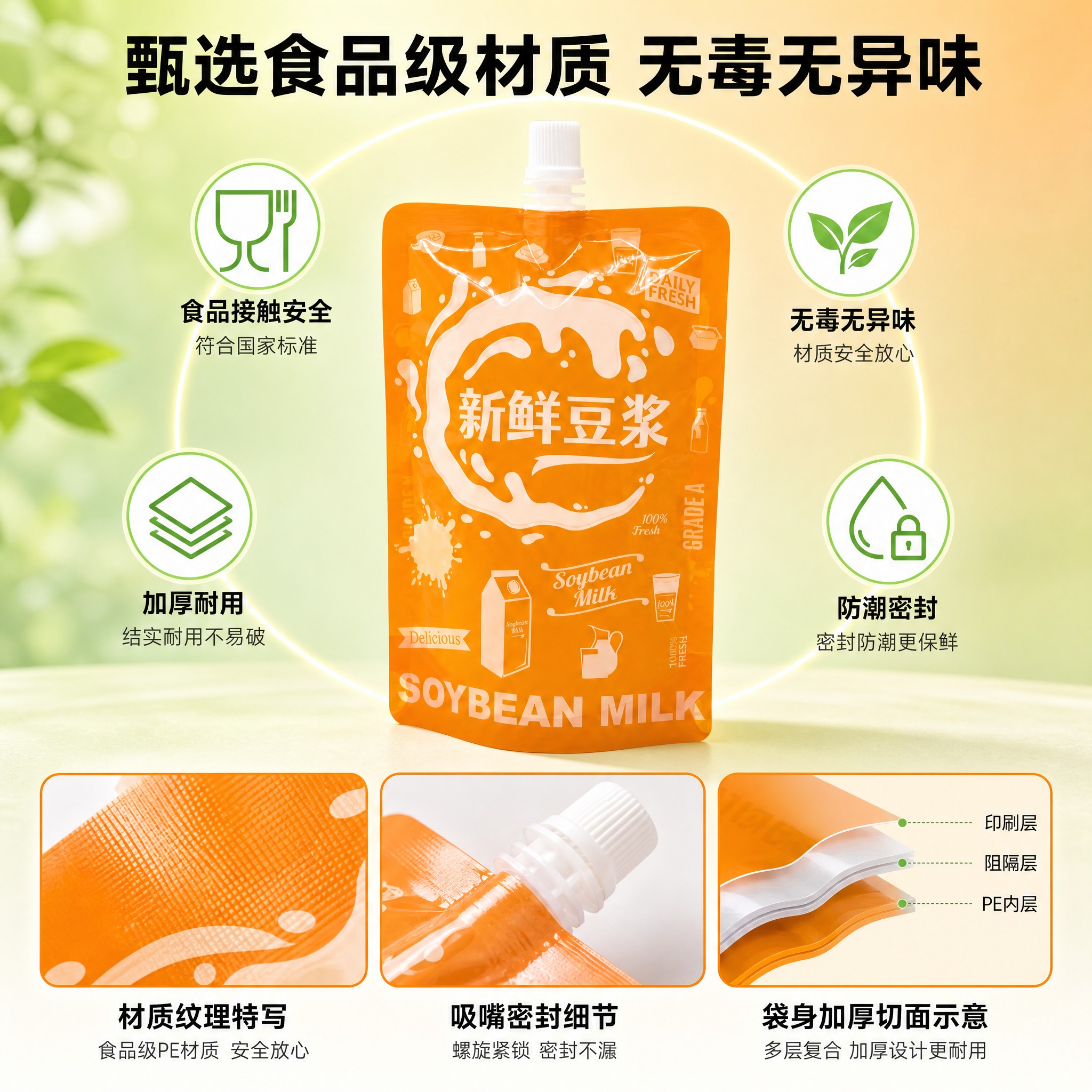 [主图-3] 食品级自立吸嘴袋 材质安全图 食品级无毒无异味。… - 图片创意预览