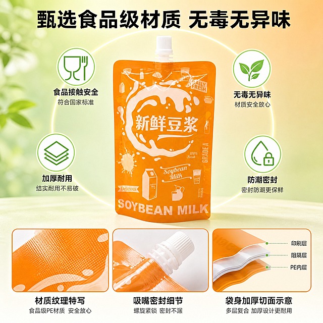 [主图-3] 食品级自立吸嘴袋 材质安全图 食品级无毒无异味。
[统一基调] 国内电商日用百货风格，暖橙色调，明亮通透有品质感。主色橙色+白色+浅绿色（安全认证感），标题粗黑体，辅助文字常规黑体。
[画面] 采用上下分层构图：上方约60%区域，橙色自立吸嘴袋（新鲜豆浆包装）居中放置，占画面约40%，产品外观、颜色、形状、尺寸、透视角度严格保持不变。产品周围环绕四个安全认证图标：食品接触安全、无毒无异味、加厚耐用、防潮密封，呈弧形环绕在产品周围。下方约40%区域为材质细节展示带，三个方形小图横向排列，分别展示：1. 材质纹理特写 2. 吸嘴密封细节 3. 袋身加厚切面示意图。顶部大标题"食品级材质 安全放心用"。背景为浅绿到浅橙的柔和渐变，体现安全健康感。
[差异化说明] 参考图为左右分栏+三行卖点。本张改为上下分层+环绕图标+底部细节带，卖点从耐温防漏改为食品级材质安全，构图从左右改为上下，信息结构从三点横排改为环绕+底部三图，色调从冷蓝改为绿橙安全色调，场景从信息图改为材质认证展示。
[光影质感] 商业摄影质感，产品部分柔光均匀，细节特写部分有侧逆光突出材质纹理，整体干净高级，体现品质与安全感。
[配色] 背景浅绿到浅橙渐变，标题深橙色，认证图标用绿色系，细节图边框橙色，整体温和可信。
[文字版式] 顶部大标题"甄选食品级材质 无毒无异味"，粗黑大号；产品四周四个图标配短文字标签；底部三张小图各有小标题。文字层次清晰，信息丰富但不杂乱。
[输出要求] 1:1正方形，2048x2048，2K分辨率，文字清晰锐利，产品清晰不变形，无水印无平台Logo，禁止产品变形、禁止改变直径、禁止改变形状、禁止改变透视角度、禁止重新绘制产品、禁止新增或减少产品、禁止改变产品颜色。