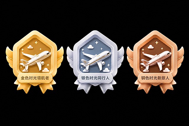 将第一张图（有拟人化卡通飞机的徽章图）中三个徽章中心的卡通飞机，全部替换为第二张图中的写实风格民航飞机样式。保持第一张图原有的徽章六边形造型、翅膀装饰、丝带标签、背景云朵星星装饰和整体3D卡通渐变风格不变。飞机替换为第二张图中的白色带金色线条的写实民航飞机，朝向为侧面飞行角度，与第二张图的飞机姿态一致，去除所有拟人化表情（眼睛、鼻子、腮红）。三个徽章分别为金色时光领航者、银色时光同行人、铜色时光新旅人，底部文字标签保持第一张图原有文字不变，纯黑色背景，C4D风格，高质量渲染，光影柔和，质感细腻。