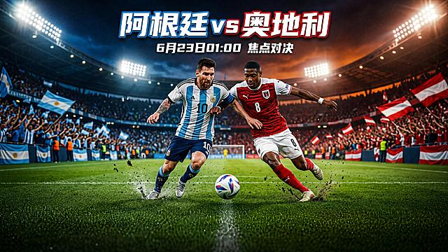 修改现有海报，仅保留主标题"阿根廷 vs 奥地利"、副标题"6月23日01:00 焦点对决"，删除底部所有其他文字（包括'南美蓝白军团'、'小组出线关键战'、'潘帕斯雄鹰能否拿下首胜'等），保留原16:9比例、球员对阵构图、蓝白与红白撞色背景、绿茵球场和激情氛围，确保画面协调自然。