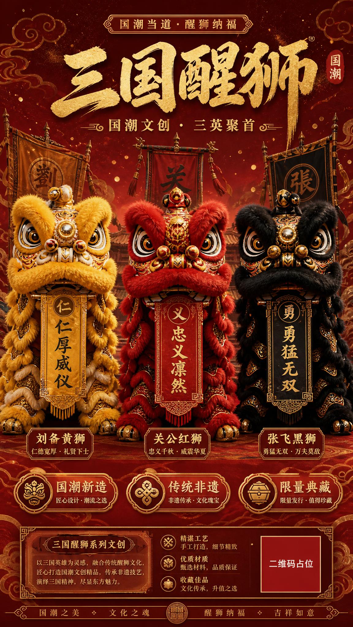 国潮品牌主视觉海报，主题为三国醒狮。画面中央是三只中国传统醒狮… - 图片创意预览