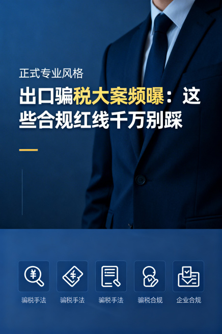 出口骗税合规红线宣传海报，画面包含醒目标语"出口骗税大案频曝：这些合规红线千万别踩"，搭配5种骗税手法的简约图标，背景为严肃的深蓝色调，风格正式专业，适合企业合规培训使用预览效果