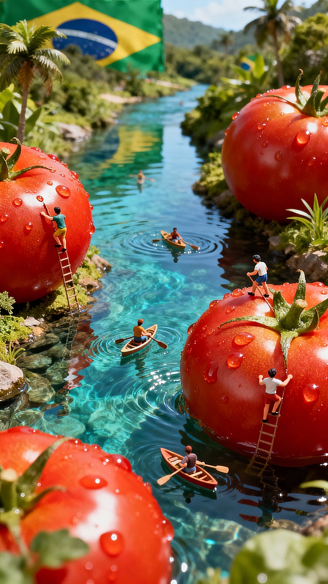 梦幻感与清新感交织的微缩艺术风场景，巨型番茄环绕清澈溪流，人物在番茄上攀爬、划船，融合3D风与超现实主义，展现虚拟自然的趣味奇境。