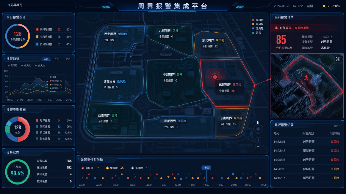 科技感周界报警数据可视化大屏，安防集成平台，地图分区域显示周界，报警区域自动放大，深色科技风格，数据可视化展示，大屏仅包含周界报警数据和地图预览效果