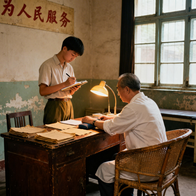 年轻中医医生跟随老师门诊学习，老师坐诊把脉，学生在旁认真记录，七十年代公社卫生院诊疗室内景预览效果