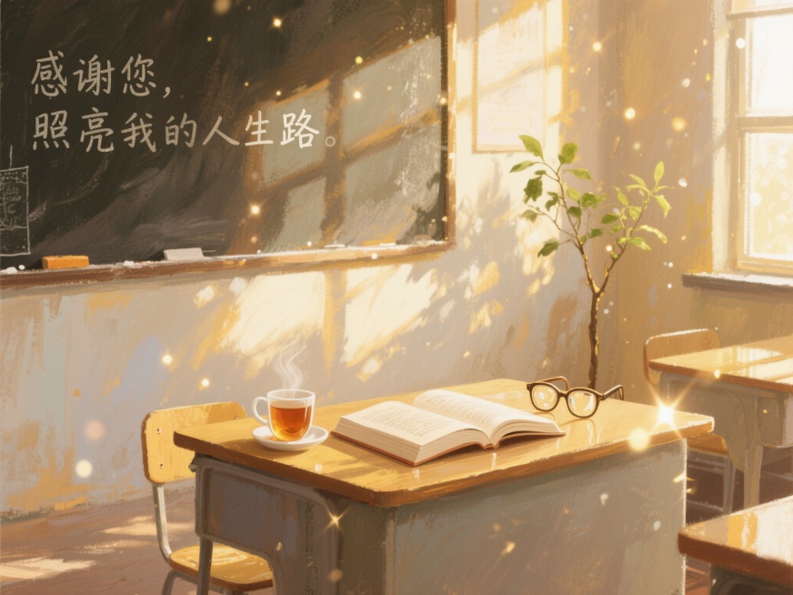 温暖的阳光穿透教室的窗户，洒在黑板和讲台上，讲台上放着翻开的书本、一杯热气腾腾的热茶和一副老花镜，旁边有一棵正在发芽的绿植，整体色调为暖黄色、棕色、米白色，带有金色光晕，“感谢您，照亮我的人生路”预览效果
