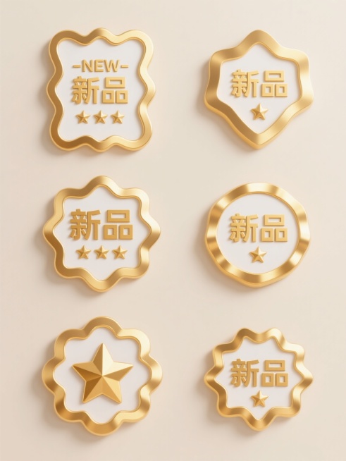 金色波浪边缘徽章设计，内部米白色背景，中央上方有金色“-NEW-”文字，下方为金色“新品”汉字，底部三颗金色五角星，整体呈现金属质感与渐变光影效果，保持此3D立体风格与金色、米白色配色，以纯色背景为底，包含6个造型完全不同的同系列新品徽章元素，每个徽章均保留“新品”文字及星星元素但采用不同波浪边框样式、字体设计和排布结构，6个徽章呈规整网格状排布形成系列素材集合。预览效果