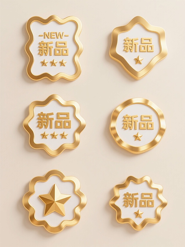 金色波浪边缘徽章设计，内部米白色背景，中央上方有金色“-NEW-”文字，下方为金色“新品”汉字，底部三颗金色五角星，整体呈现金属质感与渐变光影效果，保持此3D立体风格与金色、米白色配色，以纯色背景为底，包含6个造型完全不同的同系列新品徽章元素，每个徽章均保留“新品”文字及星星元素但采用不同波浪边框样式、字体设计和排布结构，6个徽章呈规整网格状排布形成系列素材集合。
