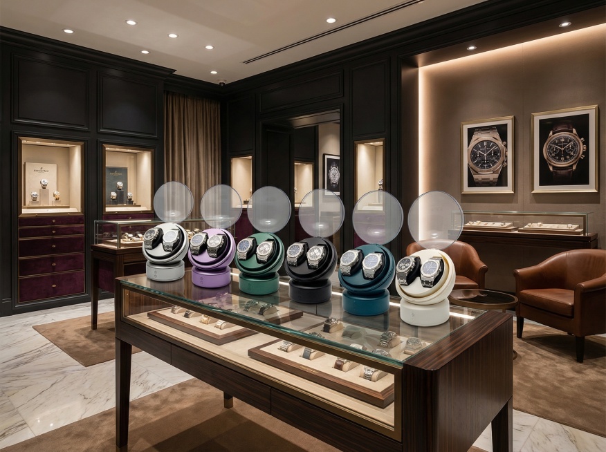 将这些不同颜色的摇表器产品，布置在高端精致的线下手表精品店场景中，进行美观的陈列展示预览效果