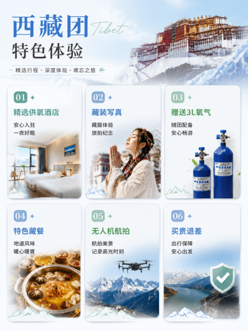 生成西藏团特色体验旅游海报，保留除升级航空座椅之外的6个特色项目：01精选供氧酒店、02藏装写真、03赠送3L氧气、04特色藏餐、05无人机航拍、06买贵退差，整体风格清新简约，保持蓝白浅绿的配色，保预览效果