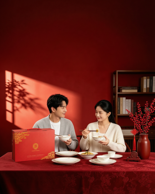 将图中红色桌子上的礼盒替换为第二张图中的红底金色祥云纹样的匠恒陶瓷礼盒，保持场景、光影和其他元素不变预览效果