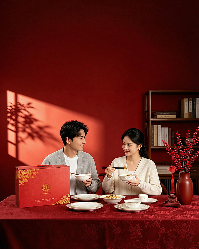 将图中红色桌子上的礼盒替换为第二张图中的红底金色祥云纹样的匠恒陶瓷礼盒，保持场景、光影和其他元素不变