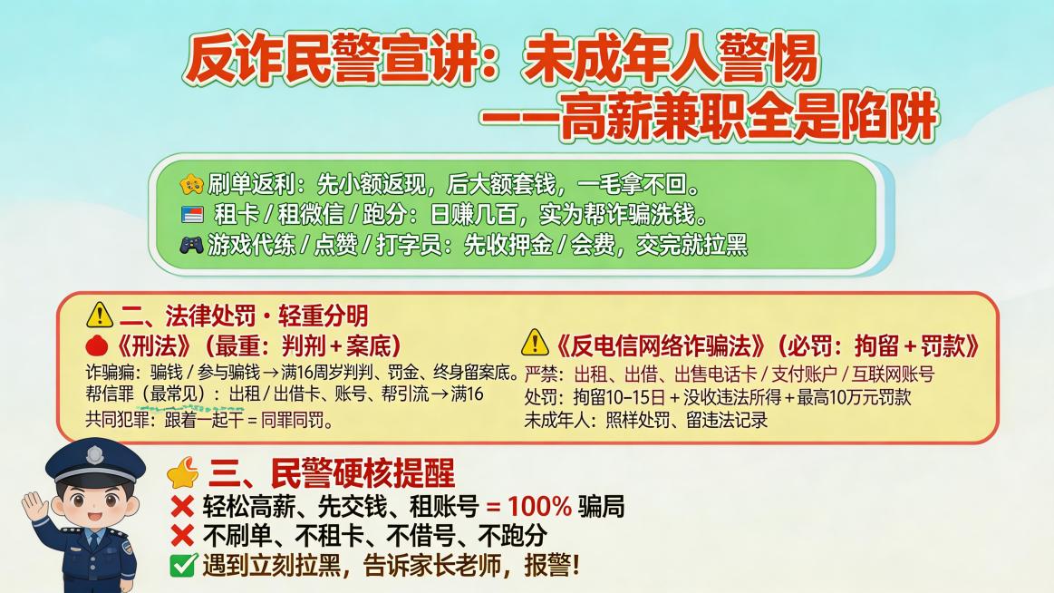 未成年人反诈宣传海报，反诈民警宣讲主题，动漫风排版清爽校园风，浅蓝白色背景。顶部红橙色粗体卡通大字标题"反诈民警宣讲：未成年人警惕 ——高薪兼职全是陷阱"。绿色气泡框展示3类青少年最易中招的高薪兼职精预览效果