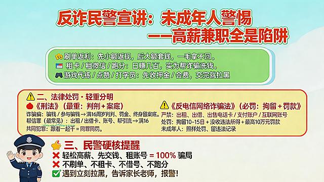 未成年人反诈宣传海报，反诈民警宣讲主题，动漫风排版清爽校园风，浅蓝白色背景。顶部红橙色粗体卡通大字标题"反诈民警宣讲：未成年人警惕 ——高薪兼职全是陷阱"。绿色气泡框展示3类青少年最易中招的高薪兼职精简案例，圆润卡通字体写着"刷单返利：先小额返现，后大额套钱，一毛拿不回。租卡 / 租微信 / 跑分：日赚几百，实为帮诈骗洗钱。游戏代练 / 点赞 / 打字员：先收押金 / 会费，交完就拉黑"。黄色红色警示框展示法律处罚内容，重点加粗写着"二、法律处罚・轻重分明 🔴《刑法》（最重：判刑 + 案底）诈骗罪骗钱 / 参与骗钱 → 满16 周岁判刑、罚金、终身留案底。帮信罪（最常见）出租 / 出借卡、账号、帮引流 → 满16 周岁最高判3 年+ 罚金 + 案底。共同犯罪跟着一起干 = 同罪同罚。🟡《反电信网络诈骗法》（必罚：拘留 + 罚款）严禁：出租、出借、出售电话卡 / 支付账户 / 互联网账号 处罚：拘留 10–15 日 + 没收违法所得 + 最高 10 万元罚款 未成年人：照样处罚、留违法记录"。底部大字标语民警硬核提醒，配警察动漫小人图标，写着"三、民警硬核提醒 ❌ 轻松高薪、先交钱、租账号 = 100% 骗局 ❌ 不刷单、不租卡、不借号、不跑分 ✅ 遇到立刻拉黑，告诉家长老师，报警！"