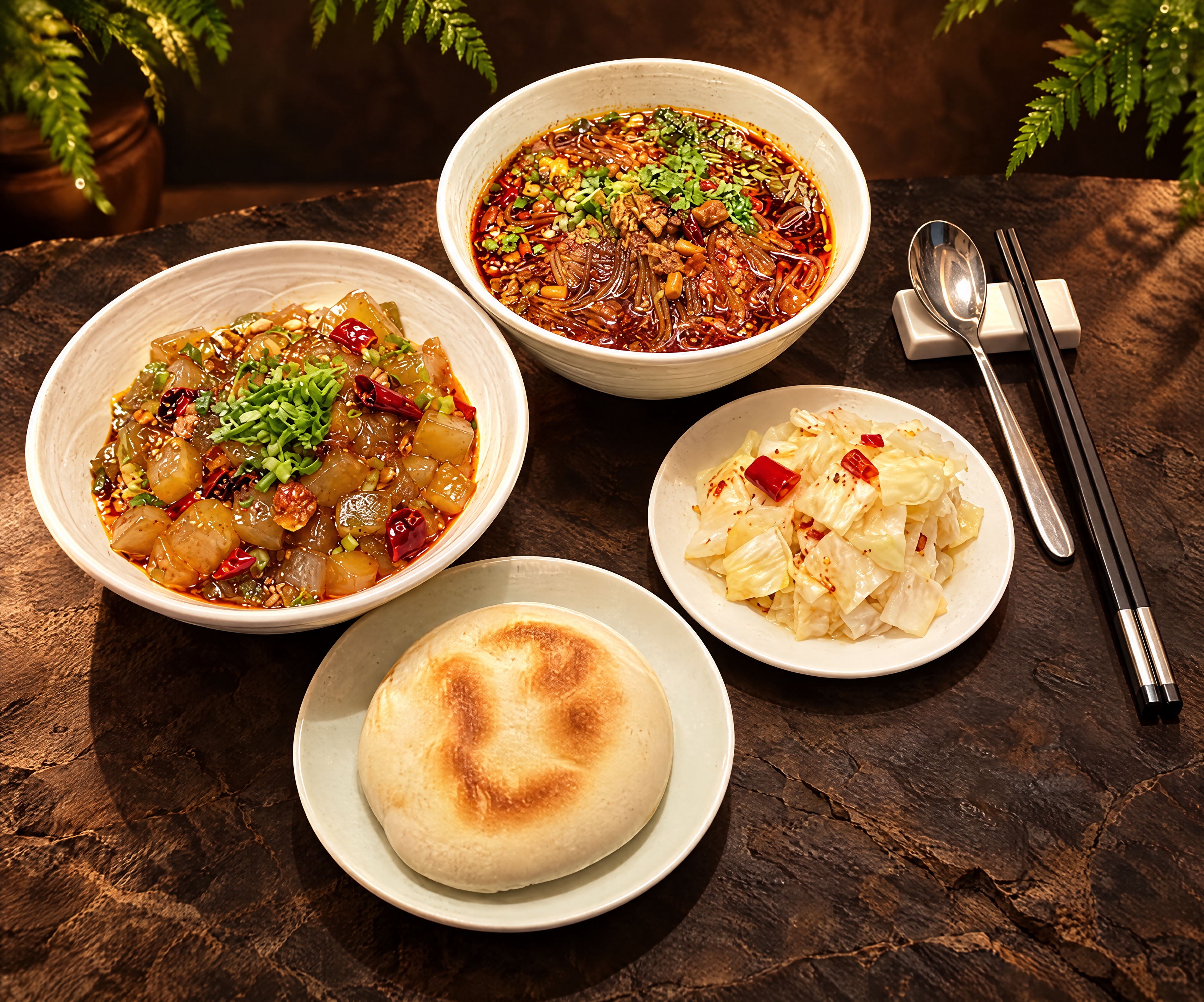 将这组酸辣粉、凉粉、白吉馍和配菜的背景替换为高端美食摄影风格：… - 图片创意预览